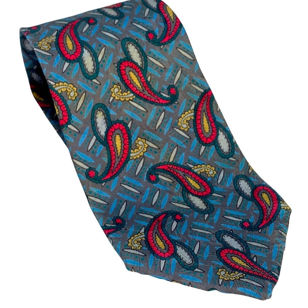 Vintage Karl Lagerfeld Luxury Designer Tie Collectors Item Teal Gray Red Yellow